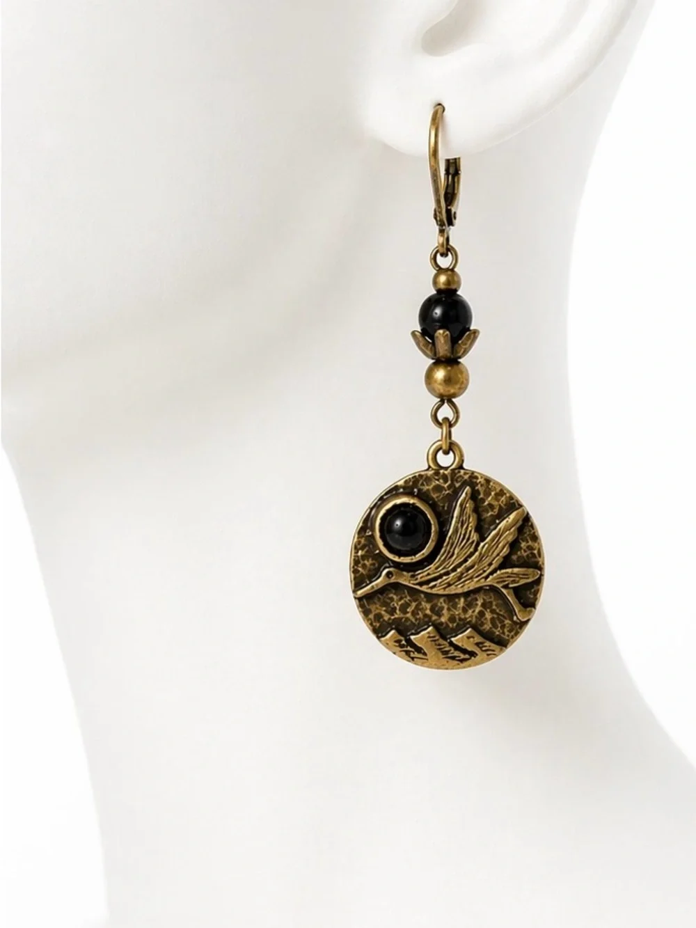 Antique Bronze Bird Earrings Black Stone Dangle Boho Lightweight - Picture 6 of 9